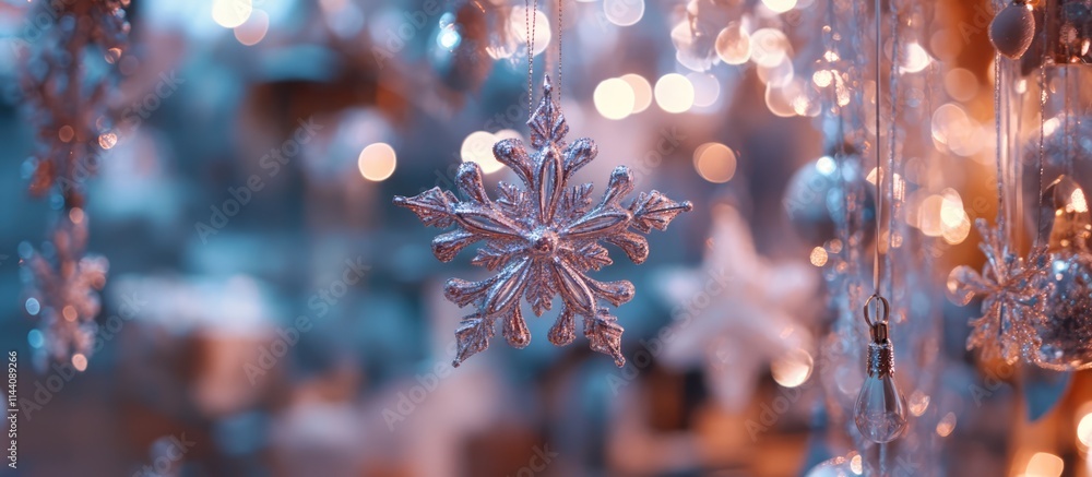 Aufkleber snowflake decoration in shop display with blurred bokeh lights creating a festive winter holiday atm