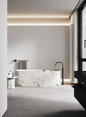 Luxury modern monochrome bathroom with marble oval bathtub, cement walls and floor, marble side table, large window, decor