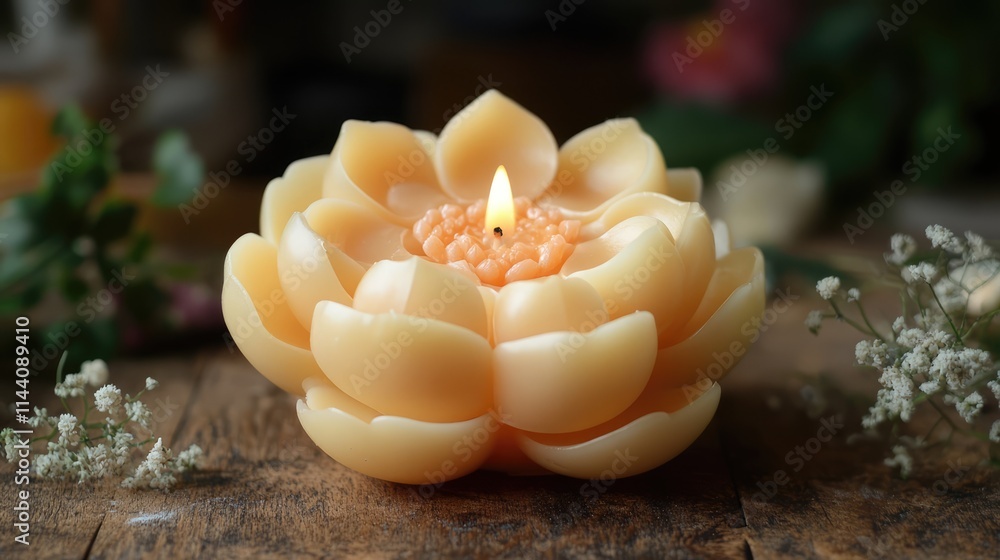 Poster handcrafted floral wax candle with a delicate design illuminating a serene setting on a rustic woode