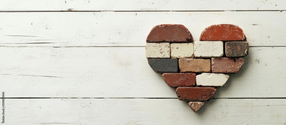 Poster heart-shaped arrangement of bricks on a textured wooden background with ample copy space for romanti