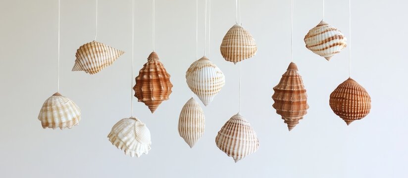 Intricate hanging shell mobile art displayed against a bright white wall ideal for enhancing coastal home decor themes