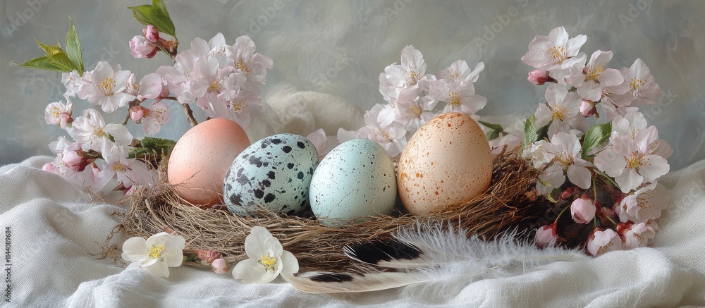 Aufkleber Easter eggs nestled in a nest with cherry blossoms on a soft linen cloth creating a serene springtime still life arrangement