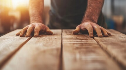 A close-up of a person's hands resting on a wooden surface, suggesting craftsmanship or woodworking in a warm, well-lit environment.