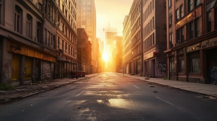 Fototapeta premium Abandoned city street at dawn with soft light filtering through empty buildings; post-apocalyptic vibe.