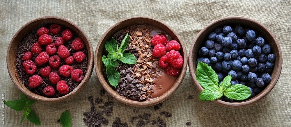 Aufkleber assorted vegan chocolate desserts with fresh berries and mint leaves on a rustic surface showcasing 