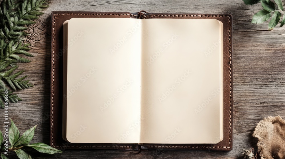 Poster handmade stitched mockup of an empty notebook with a rustic design surrounded by greenery on a woode