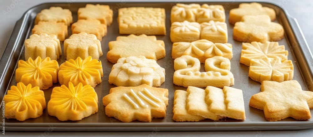 Poster homemade shortbread cookies in various shapes arranged on a tray showcasing a warm baking ambiance a
