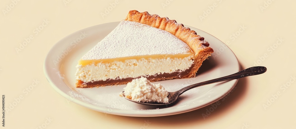 Poster homemade shortbread pie filled with cottage cheese and served with a side of cake on a plate accompa