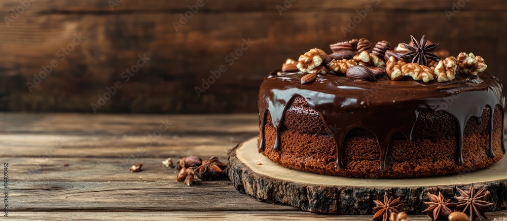 Poster Homemade honey cake with chocolate frosting and nuts displayed on wooden table rustic background with space for text