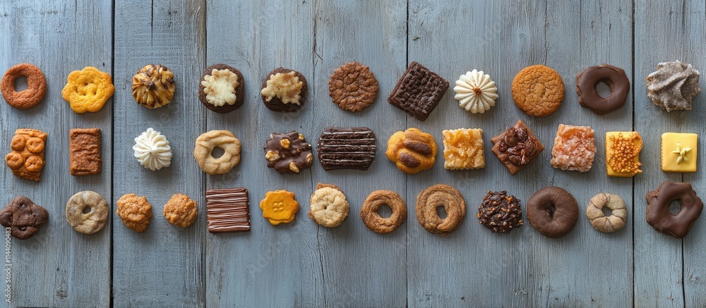 Aufkleber Variety of colorful cookies in diverse shapes displayed on rustic wooden surface from a high angle perspective