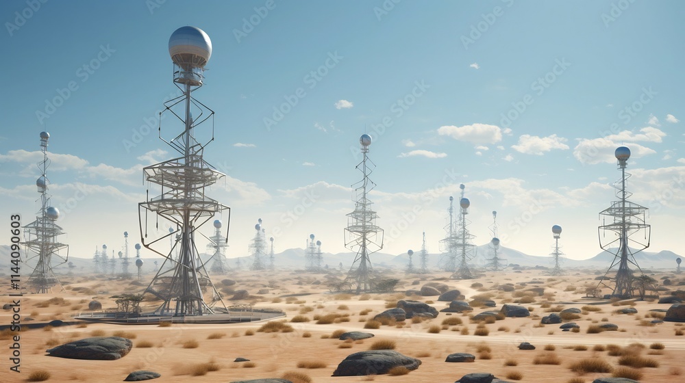 Poster a network of towering communication structures stretching across a vast arid desert landscape repres