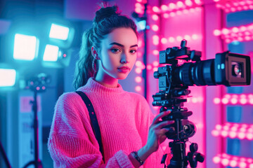 Young caucasian female photographer in studio with camera and neon lighting