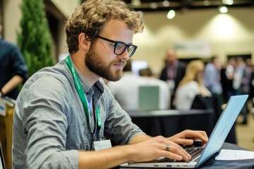 Fototapeta premium Young caucasian male professional working on laptop at business conference