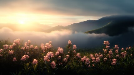 Beautiful sunrise over mountains with blooming flowers in the foreground and misty valleys below