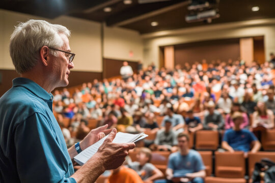 Elderly caucasian male professor lecturing to students in a university auditorium
