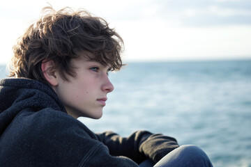 Pensive young caucasian male teen gazing at ocean horizon