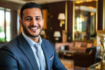 Fototapeta premium Smiling young hispanic male in formal suit in luxurious interior setting