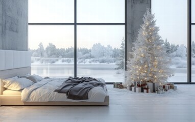 A modern bedroom with frosted holiday decorations and a tall white tree placed near a large window