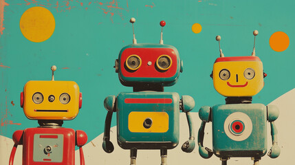 Naklejka premium A vintage toy advertisement featuring colorful wind-up robots and a bold 70s aesthetic with copy space.
