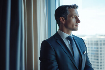 Fototapeta premium Caucasian male adult in formal suit looking out window in cityscape