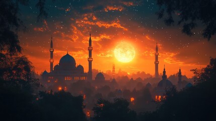 Fototapeta premium Night scene of mosque silhouette against a large moon and dramatic sky.