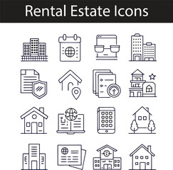 Real estate line icons set. Sale, rent, moving, rental, truck, ownership, property, mortgage, insurance, plan, with pets vector illustration