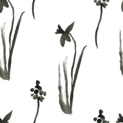 Black ink and flowers seamless pattern on white isolated background. Floral and botanical repeating pattern. Design for textiles, wrapping paper and wallpaper.