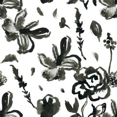 Black ink and flowers seamless pattern on white isolated background. Floral and botanical repeating pattern. Design for textiles, wrapping paper and wallpaper.