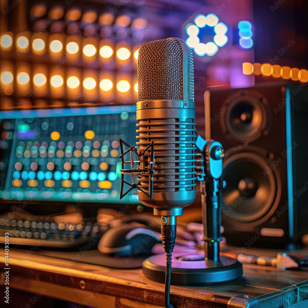Leinwandbilder an old-style microphone on top of a table in front of a modern computer with music software, surroun