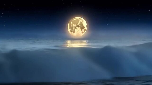 Exquisite full moon reflecting on calm ocean waves under a starry night sky