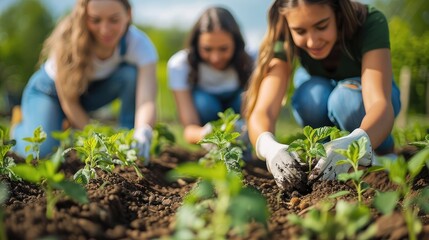 A diverse group of people of all ages working together in a community garden, planting various types of plants. conveys unity and collective action for the environment.
