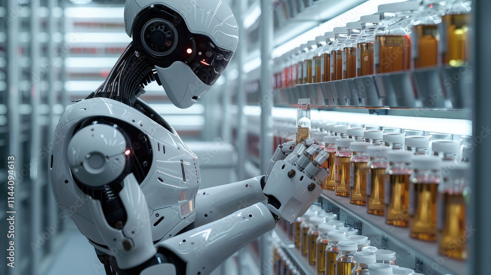 Poster A robot is working in a laboratory, filling glass test tubes with liquid from bottles on the shelf behind it.