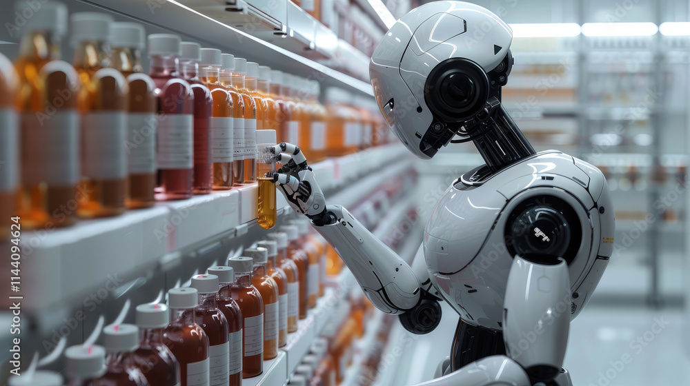 Poster A robot is working in a laboratory, filling glass test tubes with liquid from bottles on the shelf behind it.
