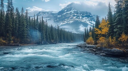 A majestic and mysterious natural landscape during cold weather. Include a flowing river, dense forests, and towering snowy mountains in the background.