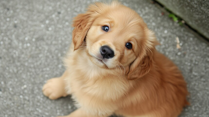 Golden retriever puppy looking up on pavement