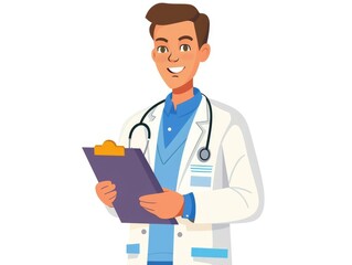 Doctor holding a clipboard and smiling on a white background