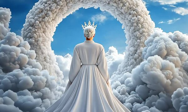 Aries patron saint, fantasy style, full body view, a woman in a stunning haute couture dress made of ice is, she wears a crown made of snow flakes and ice