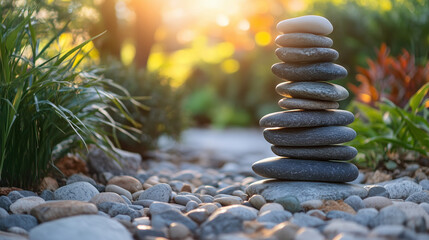 Obraz premium Zen stone stack in garden with sunlight