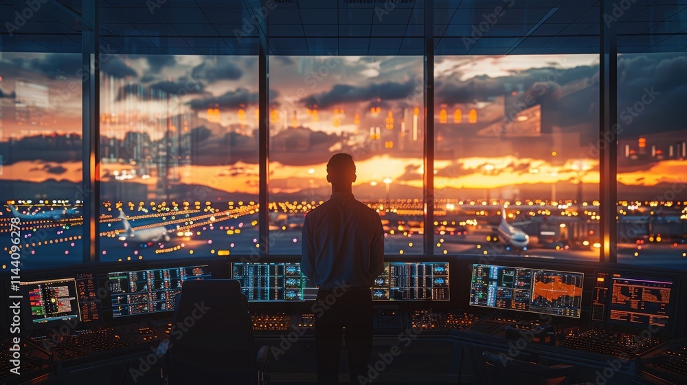 Aufkleber An airport engineer standing inside the control tower, surrounded by glowing monitors and radar screens displaying live aircraft data. Through the large windows, planes are visible on the runway.