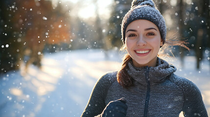 Young athletic woman jogging in winter park during snowfall