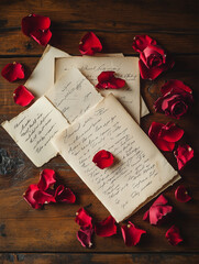 Scattered rose petals and handwritten letters create a romantic setting on a rustic wooden table