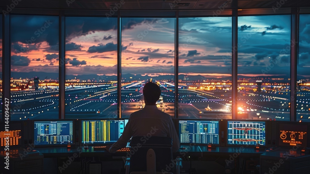 Poster An airport engineer standing inside the control tower, surrounded by glowing monitors and radar screens displaying live aircraft data. Through the large windows, planes are visible on the runway.