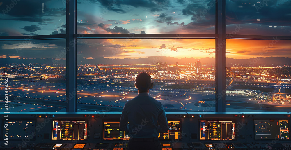 Poster An airport engineer standing inside the control tower, surrounded by glowing monitors and radar screens displaying live aircraft data. Through the large windows, planes are visible on the runway.
