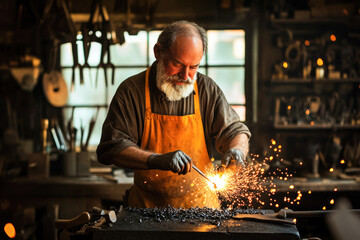 Elderly caucasian male blacksmith at work creating sparks in workshop
