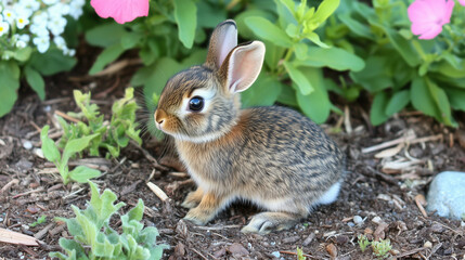 Fototapeta premium Wild baby rabbit in garden with flowers