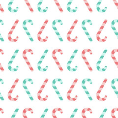 Candy cane. Upside down sweets. Repeating vector pattern. Continuous Christmas ornament of striped red and green lollipops. Isolated colorless background. Flat style. Idea for web design.