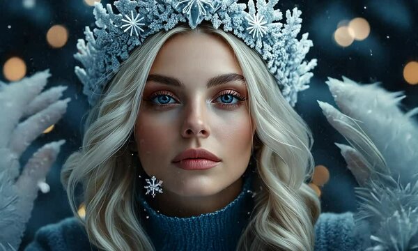 Aries patron saint, fantasy style, full body view, a woman in a stunning haute couture dress made of ice is, she wears a crown made of snow flakes and ice