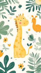 Obraz premium Cute giraffe and bird in jungle foliage.