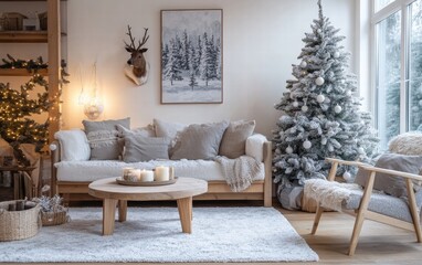 A Scandinavian-inspired living room with a snowy tree, light wood accents, and natural tones creating a festive yet calm space