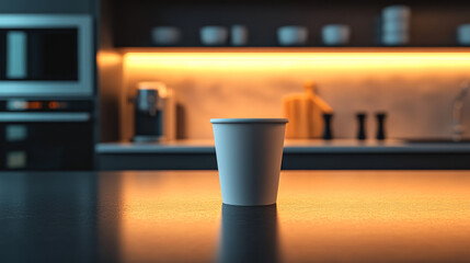 A single white disposable cup sits on a sleek dark countertop in a modern kitchen, bathed in warm, inviting light.